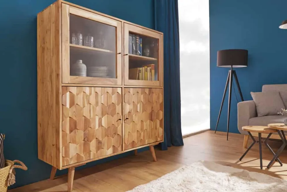 Massivholz Highboard MYSTIC LIVING 140cm Akazie natur Vitrine 3D-Oberfläche