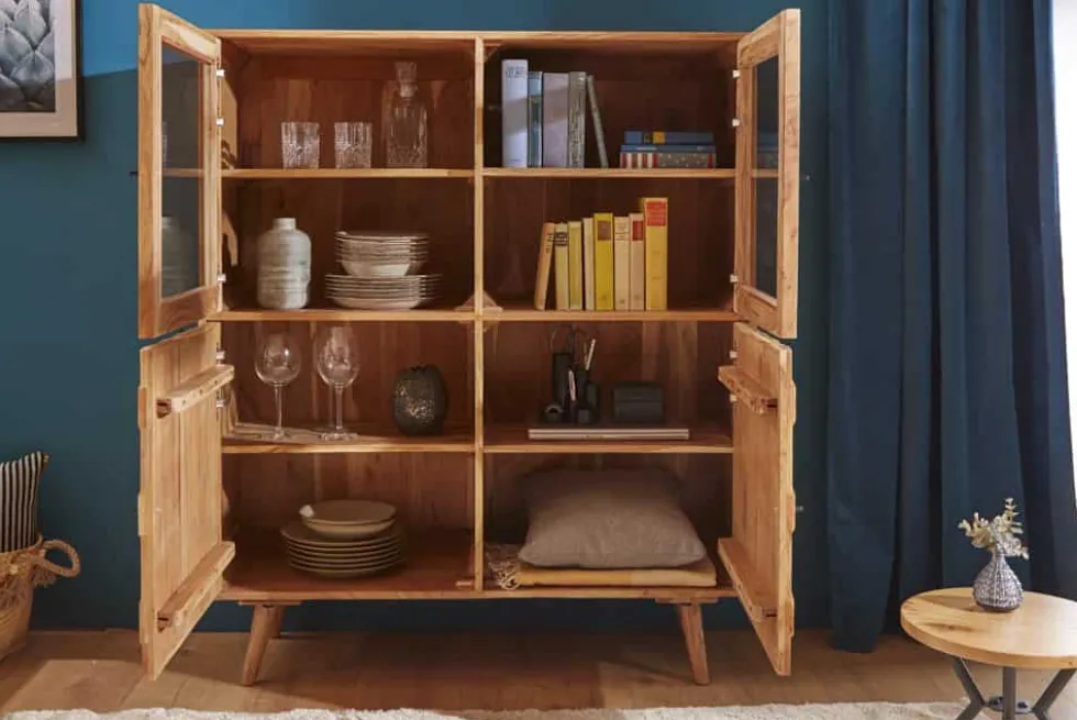 Massivholz Highboard MYSTIC LIVING 140cm Akazie natur Vitrine 3D-Oberfläche