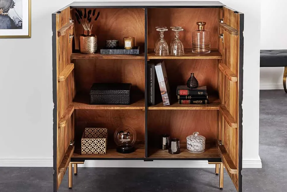 Massivholz Highboard THE CIRCLE 120cm schwarz gold Mango Metall Retro