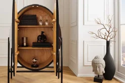 Massivholz Highboard VOODOO 120cm braun weiß schwarz Mangoholz mit 3D Schnitzereien oval Metallgestell