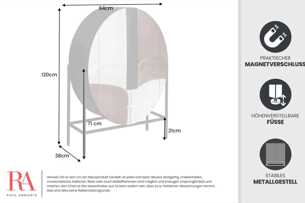 Massivholz Highboard VOODOO 120cm braun weiß schwarz Mangoholz mit 3D Schnitzereien oval Metallgestell