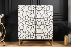 Massivholz Highboard VULCANO 120cm weiß schwarz Mangoholz mit 3D Schnitzereien handmade Metallgestell gold