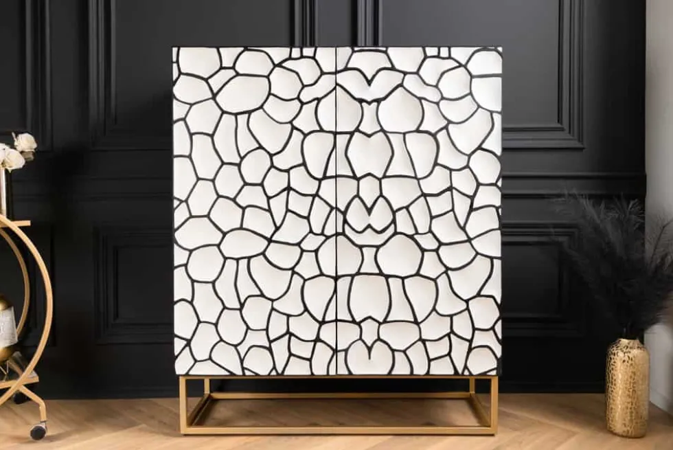 Massivholz Highboard VULCANO 120cm weiß schwarz Mangoholz mit 3D Schnitzereien handmade Metallgestell gold