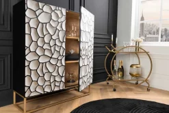 Massivholz Highboard VULCANO 120cm weiß schwarz Mangoholz mit 3D Schnitzereien handmade Metallgestell gold