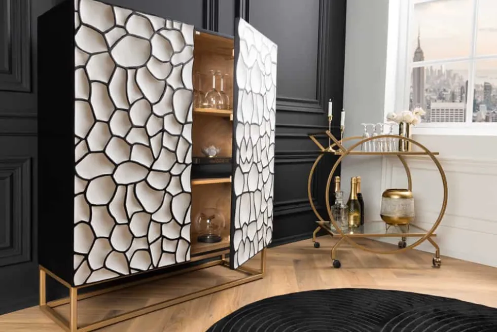 Massivholz Highboard VULCANO 120cm weiß schwarz Mangoholz mit 3D Schnitzereien handmade Metallgestell gold