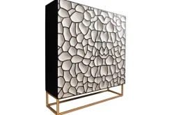 Massivholz Highboard VULCANO 120cm weiß schwarz Mangoholz mit 3D Schnitzereien handmade Metallgestell gold