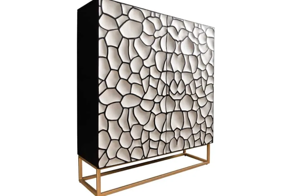 Massivholz Highboard VULCANO 120cm weiß schwarz Mangoholz mit 3D Schnitzereien handmade Metallgestell gold