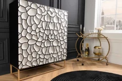 Massivholz Highboard VULCANO 120cm weiß schwarz Mangoholz mit 3D Schnitzereien handmade Metallgestell gold