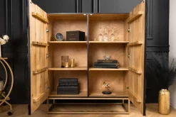 Massivholz Highboard VULCANO 120cm weiß schwarz Mangoholz mit 3D Schnitzereien handmade Metallgestell gold