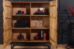 Massivholz Highboard VULCANO 120cm braun Mangoholz mit 3D Schnitzereien handmade Metallgestell schwarz
