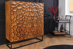 Massivholz Highboard VULCANO 120cm braun Mangoholz mit 3D Schnitzereien handmade Metallgestell schwarz