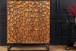 Massivholz Highboard VULCANO 120cm braun Mangoholz mit 3D Schnitzereien handmade Metallgestell schwarz