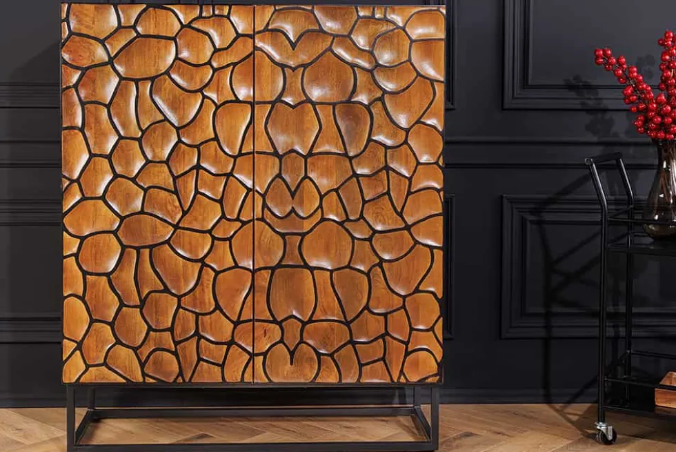 Massivholz Highboard VULCANO 120cm braun Mangoholz mit 3D Schnitzereien handmade Metallgestell schwarz