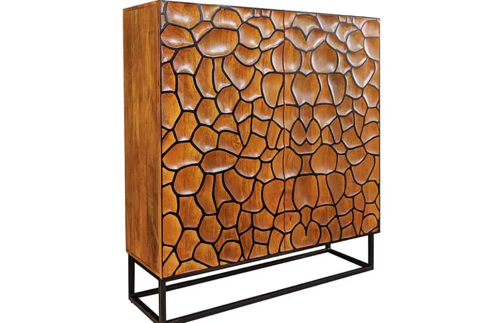 Massivholz Highboard VULCANO 120cm braun Mangoholz mit 3D Schnitzereien handmade Metallgestell schwarz