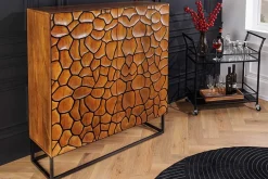 Massivholz Highboard VULCANO 120cm braun Mangoholz mit 3D Schnitzereien handmade Metallgestell schwarz