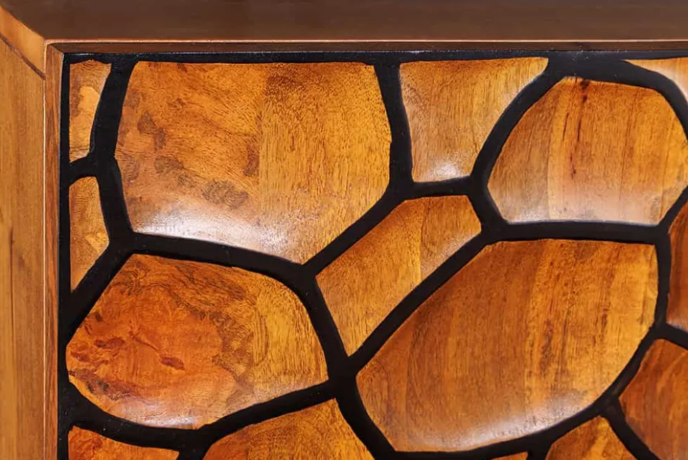 Massivholz Highboard VULCANO 120cm braun Mangoholz mit 3D Schnitzereien handmade Metallgestell schwarz