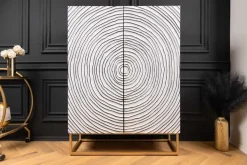 Massivholz Highboard ZEN CIRCLES 120cm weiß schwarz Mangoholz 3D-Design Metall gold