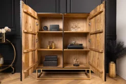 Massivholz Highboard ZEN CIRCLES 120cm weiß schwarz Mangoholz 3D-Design Metall gold