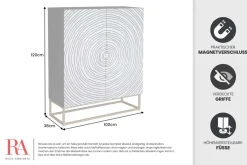 Massivholz Highboard ZEN CIRCLES 120cm weiß schwarz Mangoholz 3D-Design Metall gold
