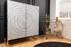 Massivholz Highboard ZEN CIRCLES 120cm weiß schwarz Mangoholz 3D-Design Metall gold