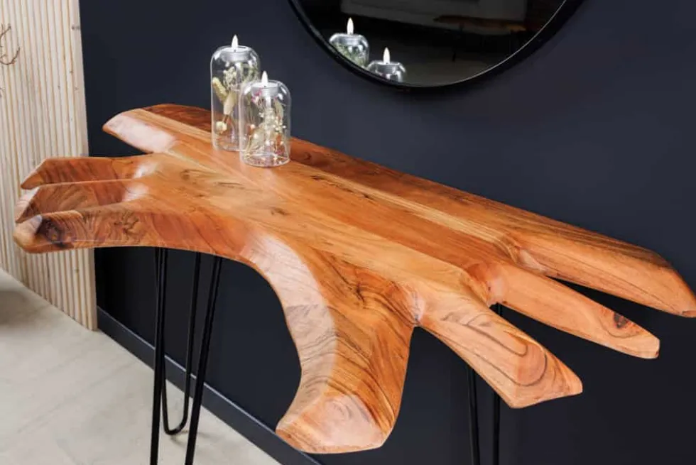 Massivholz Konsolentisch WILD 105cm Akazie natur Hairpin Legs Baumkante