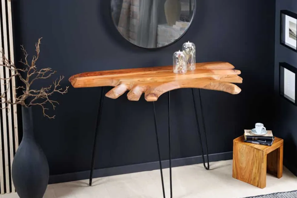 Massivholz Konsolentisch WILD 105cm Akazie natur Hairpin Legs Baumkante