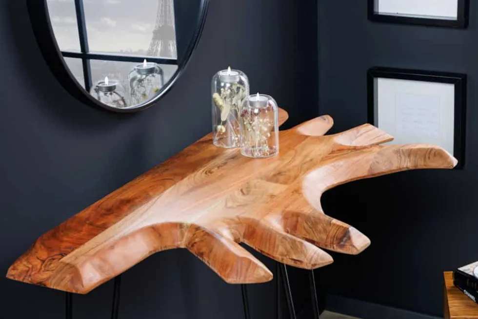Massivholz Konsolentisch WILD 105cm Akazie natur Hairpin Legs Baumkante