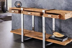 Massivholz Konsolentisch BARRACUDA 140cm braun Teakholz silber Edelstahl verchromt mit Schubladen