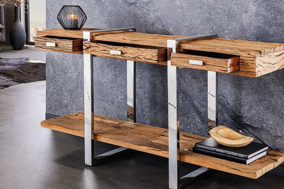 Massivholz Konsolentisch BARRACUDA 140cm braun Teakholz silber Edelstahl verchromt mit Schubladen