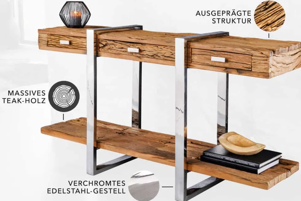 Massivholz Konsolentisch BARRACUDA 140cm braun Teakholz silber Edelstahl verchromt mit Schubladen