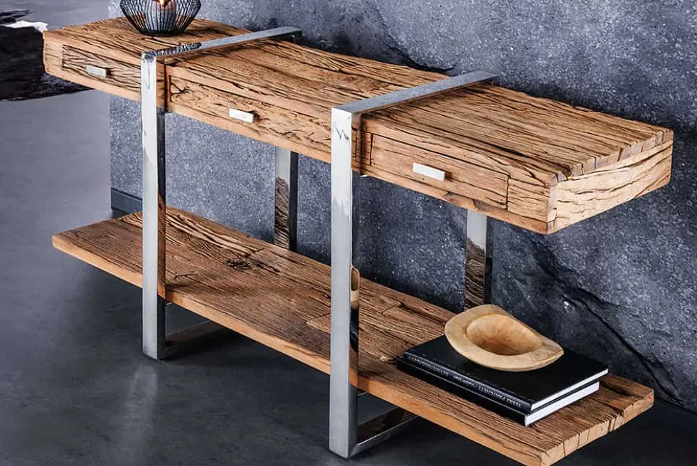 Massivholz Konsolentisch BARRACUDA 140cm braun Teakholz silber Edelstahl verchromt mit Schubladen
