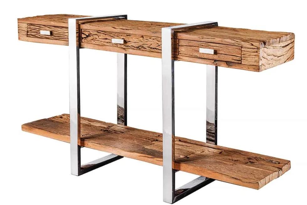 Massivholz Konsolentisch BARRACUDA 140cm braun Teakholz silber Edelstahl verchromt mit Schubladen
