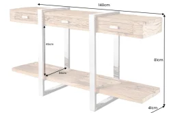 Massivholz Konsolentisch BARRACUDA 140cm braun Teakholz silber Edelstahl verchromt mit Schubladen