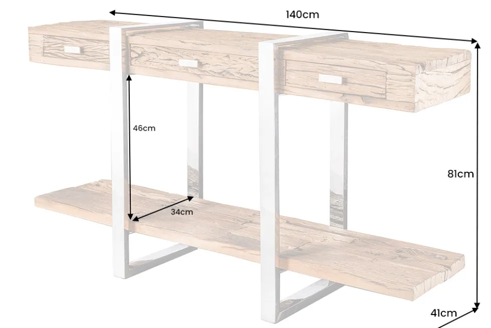 Massivholz Konsolentisch BARRACUDA 140cm braun Teakholz silber Edelstahl verchromt mit Schubladen