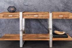 Massivholz Konsolentisch BARRACUDA 140cm braun Teakholz silber Edelstahl verchromt mit Schubladen