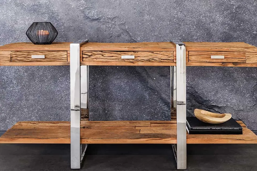 Massivholz Konsolentisch BARRACUDA 140cm braun Teakholz silber Edelstahl verchromt mit Schubladen