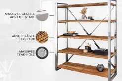 Massivholz Regal BARRACUDA 185cm braun Teakholz silber Edelstahl verchromt Bücherregal