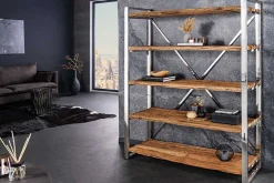 Massivholz Regal BARRACUDA 185cm braun Teakholz silber Edelstahl verchromt Bücherregal