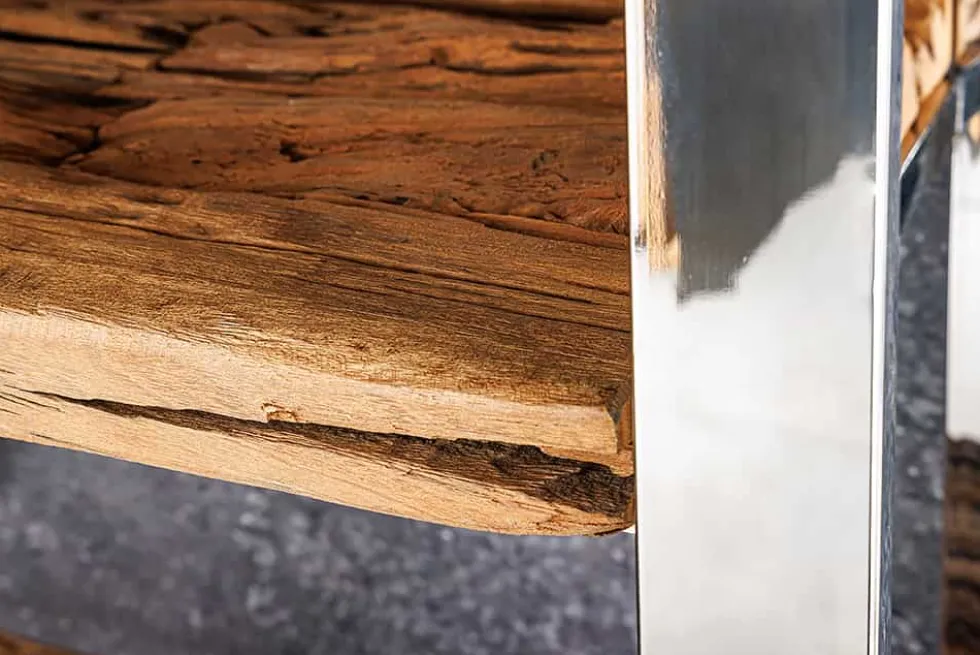 Massivholz Regal BARRACUDA 185cm braun Teakholz silber Edelstahl verchromt Bücherregal
