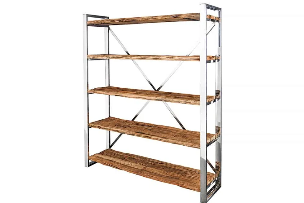 Massivholz Regal BARRACUDA 185cm braun Teakholz silber Edelstahl verchromt Bücherregal
