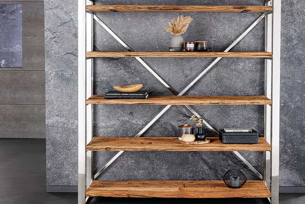 Massivholz Regal BARRACUDA 185cm braun Teakholz silber Edelstahl verchromt Bücherregal