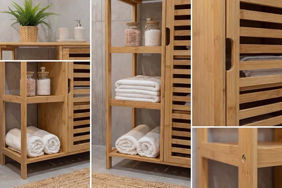 Massivholz Regal ZEN-BO 90cm natur Bambus mit Lamellentür