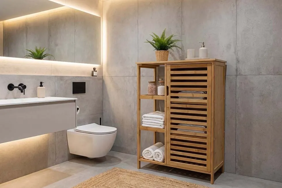 Massivholz Regal ZEN-BO 90cm natur Bambus mit Lamellentür