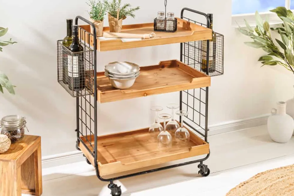 Massivholz Servierwagen SEVEN SEAS 80cm natur Küchenwagen Metall mit Rollen