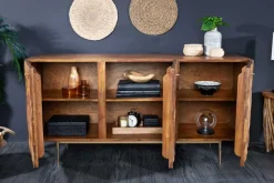 Massivholz Sideboard ALPINE 145cm braun Sheesham stone finish Metall matt gold