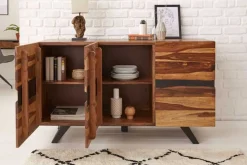 Massivholz Sideboard AMAZONAS 150cm braun Sheesham Baumkante schwarzes Metallgestell