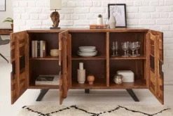 Massivholz Sideboard AMAZONAS 150cm braun Sheesham Baumkante schwarzes Metallgestell
