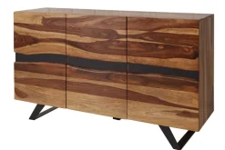 Massivholz Sideboard AMAZONAS 150cm braun Sheesham Baumkante schwarzes Metallgestell