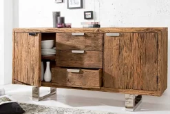 Massivholz Sideboard BARRACUDA 160cm Teak antik Kommode mit Schubladen Stahl Kufenfüßen