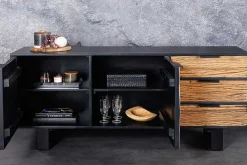 Massivholz Sideboard BARRACUDA 150cm Teak Mango schwarz Metall recycelt